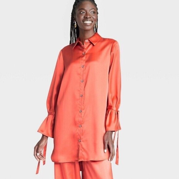 Target X Sammy B Red Orange Satin Button-Up Tunic Shirt With Tie-Sleeves L - Picture 4 of 10